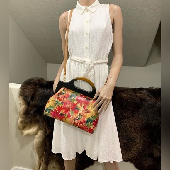 Handmade Genuine Leather Floral Print Large wooden Frame Bag & 2 Strap Styles - Picture 10 of 15